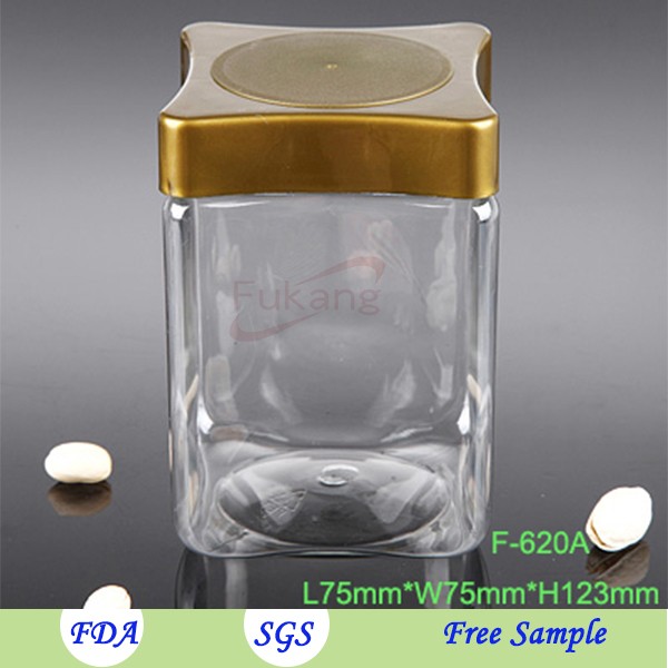 620ml square shaped PET plastic food jar packaging pistachio nuts / coffee with square lid