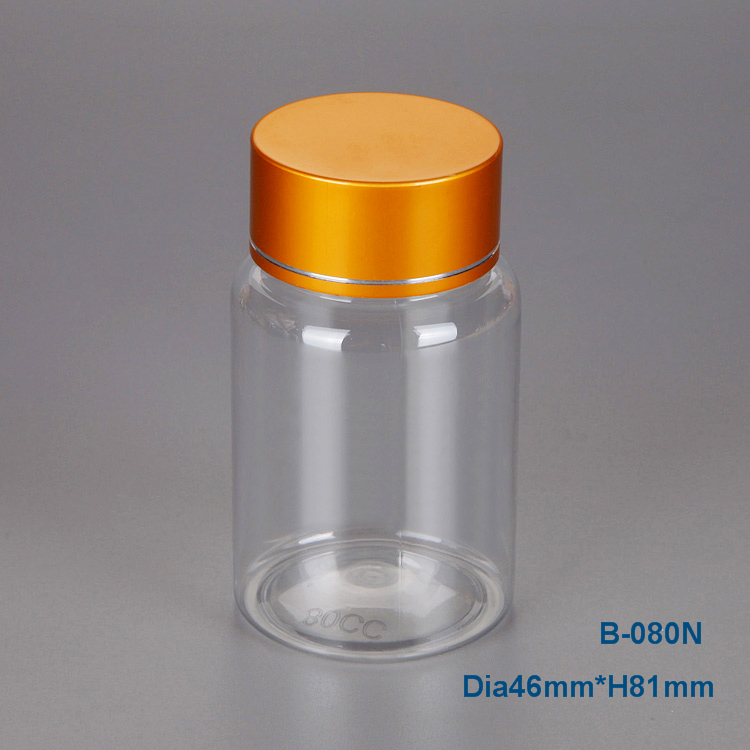 80ml transparent Pet Plastic Bottle for Capsule, Plastic medicine bottle with golden cap