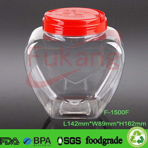 1500cc 50oz cute heart shape pet clear plastic jar for candy, tea, nuts, chocolate,plastic container