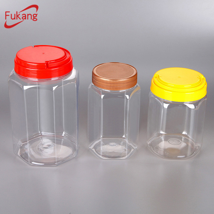 1300ml clear PET tall plastic jam jar with purple color plastic handle lid,wholesale transparent plastic sealable jar