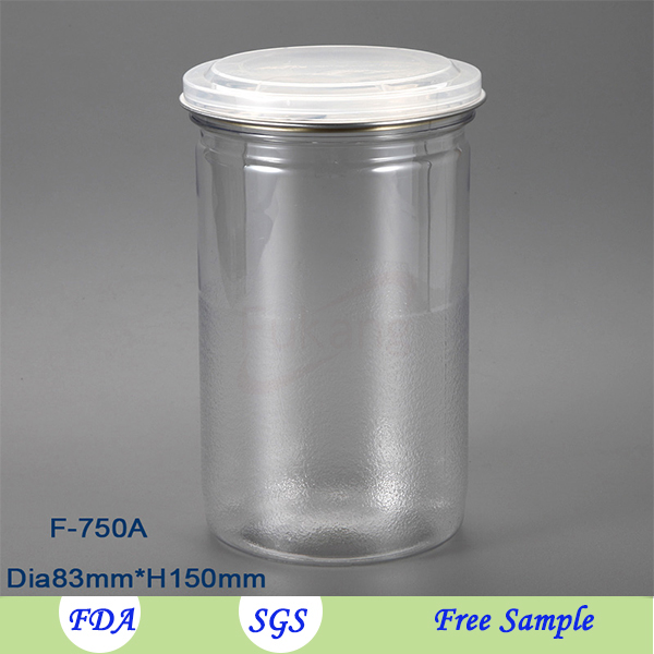 Free sample 1liter round shape and wide mouth PET plastic candy jar or container with metal cap and screw cap
