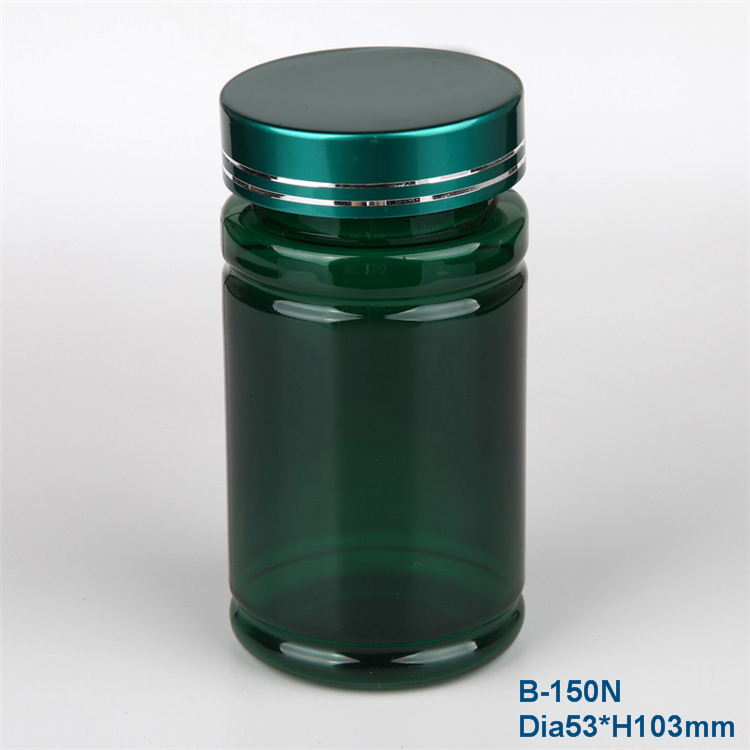 150cc black colored straight round plastic medicine bottle and PET pill container with aluminum lid