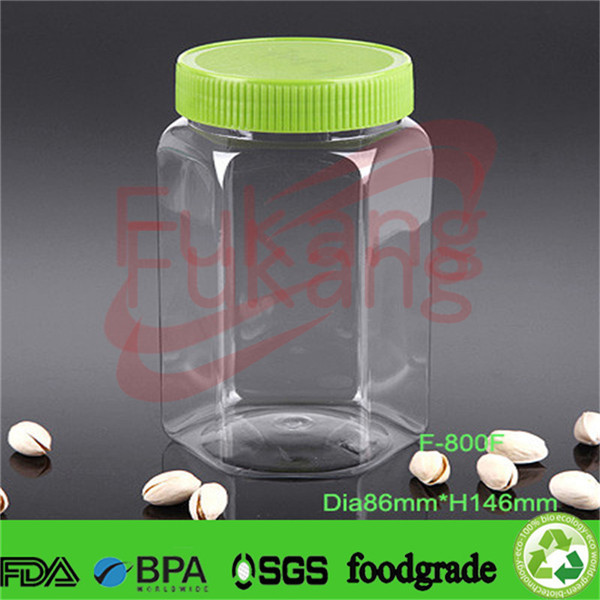 800cc 800ml jars hexagon shaped PET food plastic bottle/jar with lid Dongguan produce